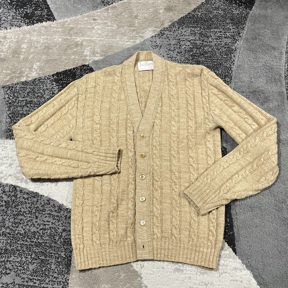 VTG Jantzen Cardigan Sweater Medium Brown Cable Knit Wool Blend Grandpa Rock USA